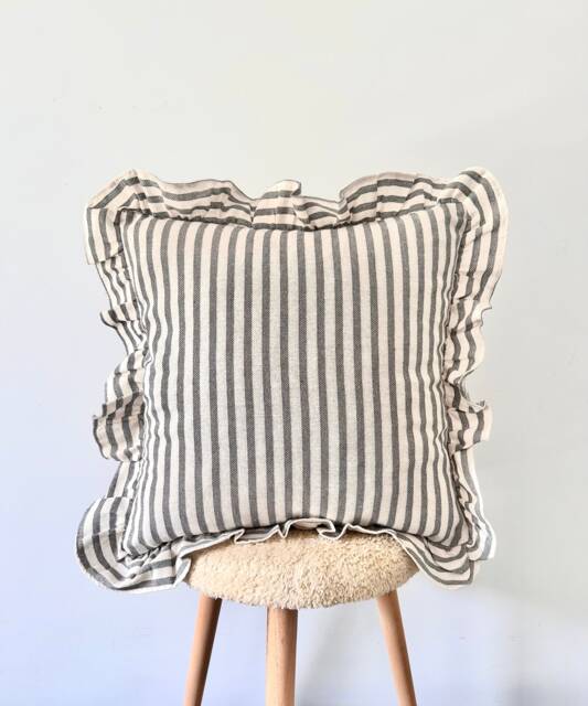 Soft Linen Ruffled Pillow Cover - Handmade Neutral Decorative Designer Gray Stripe Cushion Farmhouse Decor - image 1