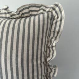 Soft Linen Ruffled Pillow Cover - Handmade Neutral Decorative Designer Gray Stripe Cushion Farmhouse Decor - thumbnail 2