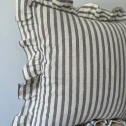 Soft Linen Ruffled Pillow Cover - Handmade Neutral Decorative Designer Gray Stripe Cushion Farmhouse Decor - thumbnail 3