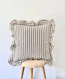 Soft Linen Ruffled Pillow Cover - Handmade Neutral Decorative Designer Gray Stripe Cushion Farmhouse Decor - thumbnail 1