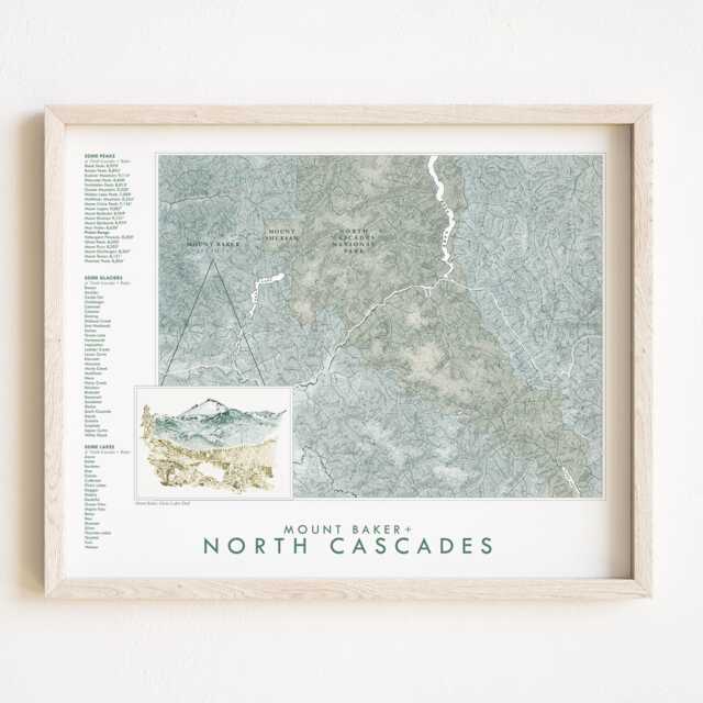 North Cascades Np + Mount Baker Washington Hand Drawn Topographic Watercolor Map - Art Print Trail Hiker Mountain Wedding Adventure Wall - image 1