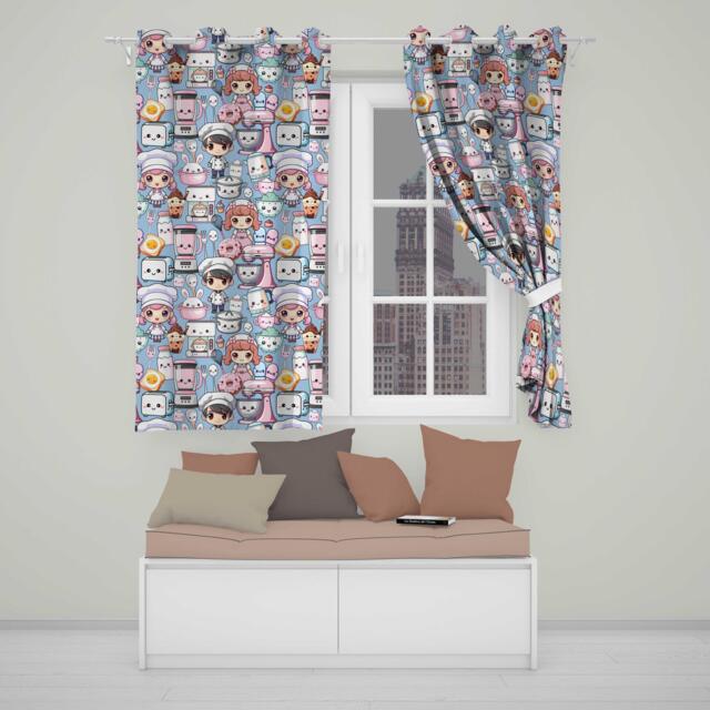 Kawaii Baking Kitchen Girl Mixer Utensils Sky Blue Seamless Pattern Readymade Eyelet Ring Top Thermal 100% Blackout Curtains - image 1