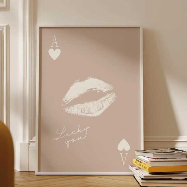 Lips Kiss Lipstick, Beige Poster, Ace Of Cards Print, Lucky Me Girly Wall Glam Girls Bedroom Decor - image 1