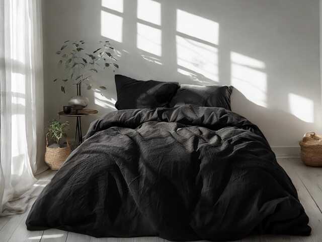 Black Linen Bedding Set Rustic Duvet Cover & 2 Pillowcases Soft Medium Weight Bedding, Stonewashed Comfort - image 1