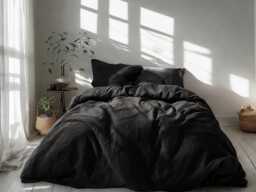 Black Linen Bedding Set Rustic Duvet Cover & 2 Pillowcases Soft Medium Weight Bedding, Stonewashed Comfort