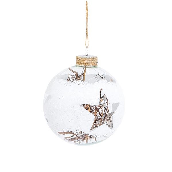 Clear Glass White Bauble With Star Shape Cut Out & Filled With Wooden Pieces - Christmas Tree Wedding Holiday Festive Winter Wonderland Gift