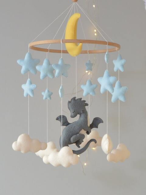 Dragon Baby Mobile Felt Moon, Stars Nursery Decor - image 1