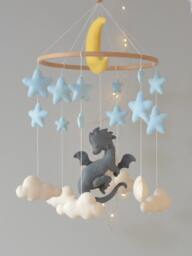 Dragon Baby Mobile Felt Moon, Stars Nursery Decor - thumbnail 1