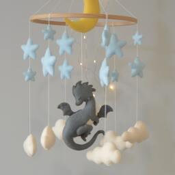 Dragon Baby Mobile Felt Moon, Stars Nursery Decor - thumbnail 3