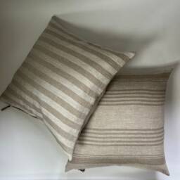 White & Tan Striped Linen Pillow Cover Exposed Zipper-Leather Pull 20x20 22x22 24x24 14x24 High Quality 100% Housewarming Gift - thumbnail 4