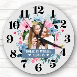 Home Is Where Mum Photo Flower Mother's Day Gift Grey Personalised Clock