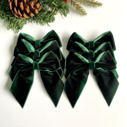 Dark Green Velvet Christmas Tree Bows, Bows For Tree, Green Decorations, Pack Of 6, 4 Inch