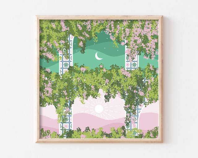 Celestial Moroccan Tiles Wall Art Fantasy Sun & Moon Abstract Print, Marrakesh Sunrise Poster - image 1
