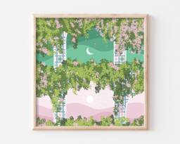 Celestial Moroccan Tiles Wall Art Fantasy Sun & Moon Abstract Print, Marrakesh Sunrise Poster - thumbnail 1