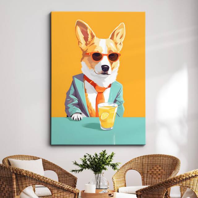 Vibrant Corgi Drinking With Glasses Painting Framed Poster Print & Canvas Wall Decor Art Bedroom Home Interior Dog Lover Gift Idea - image 1