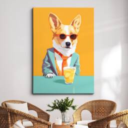 Vibrant Corgi Drinking With Glasses Painting Framed Poster Print & Canvas Wall Decor Art Bedroom Home Interior Dog Lover Gift Idea
