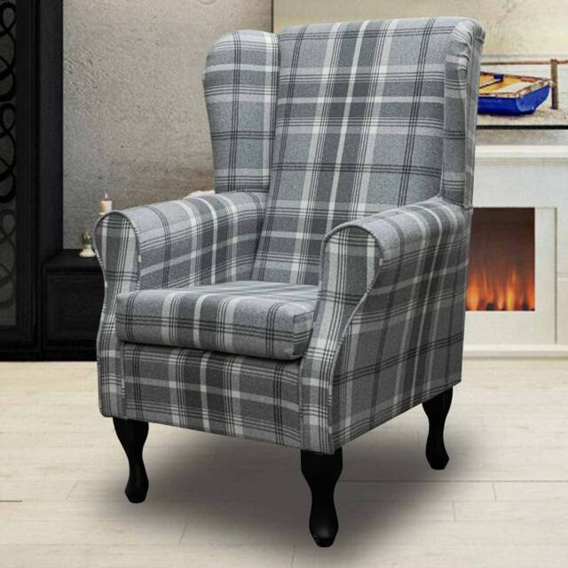 Handmade Wingback Fireside Chair Balmoral Dove Grey Check Fabric - image 1