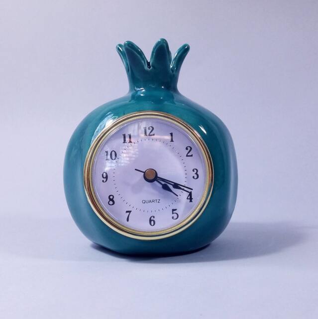 Turquoise Pomegranate, Ceramic Table Clock, Desk Shelf Retro Vintage Style, Handmade - image 1