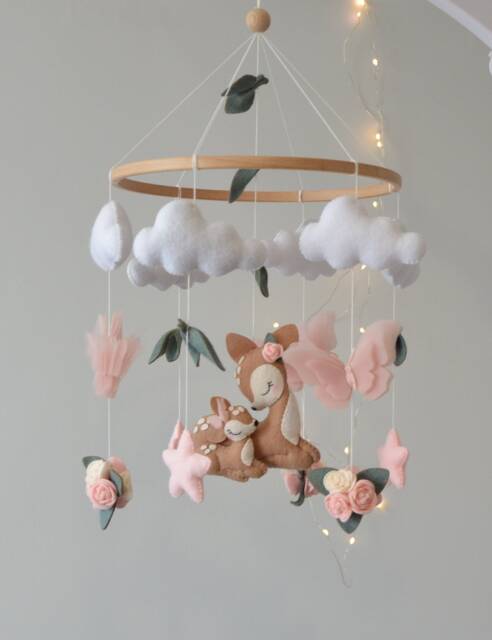 Deer Baby Mobile Felt Flowers, Butterflies, Nursery Decor - image 1