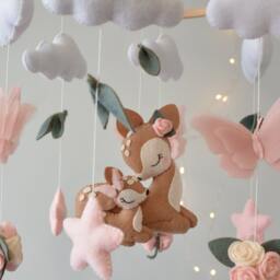 Deer Baby Mobile Felt Flowers, Butterflies, Nursery Decor - thumbnail 3