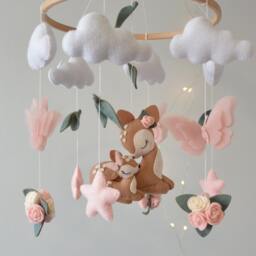 Deer Baby Mobile Felt Flowers, Butterflies, Nursery Decor - thumbnail 2