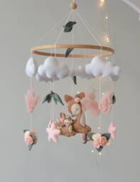 Deer Baby Mobile Felt Flowers, Butterflies, Nursery Decor