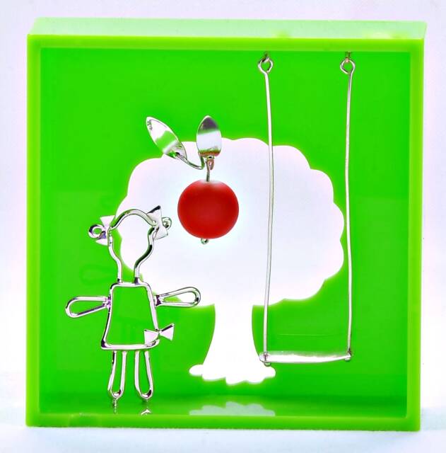 Handmade Gift Sterling Silver 925 Girl in Green Plexiglass Wall Frame