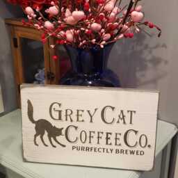 Grey Cat Coffee Company Wood Sign Distressed Rustic Farmhouse Decor Primitive Kitchen Wall Hanging Purrfectly Brewed - thumbnail 3