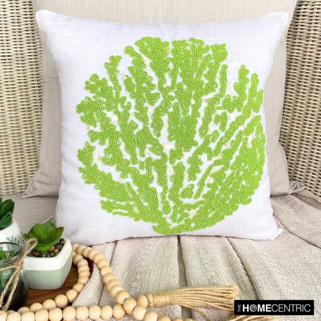Green Beaded Sea Creatures Pattern, Cotton Linen, Beach Style Throw Pillow Cover - Deep Weeds - image 1