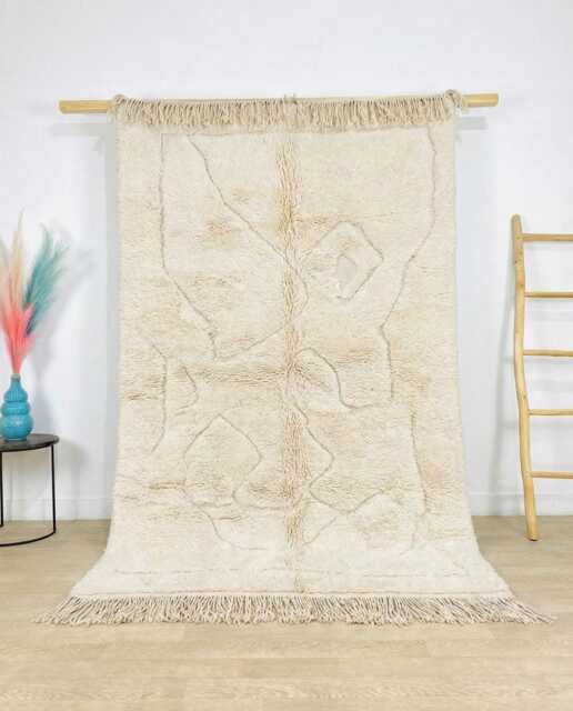 Hand Tufted Moroccan Ivory Berber Rug, Authentic Beni Ourain Carpet, Large 9x12 Area Handwoven Wool Shag Abstract Geometric Lines - image 1