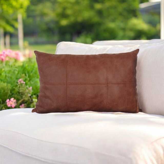 Brown Vegan Leather Lumbar Pillow Cover Rustic Decorative Stitch - image 1