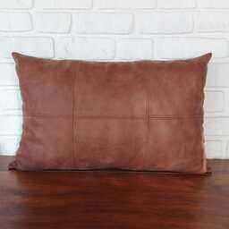 Brown Vegan Leather Lumbar Pillow Cover Rustic Decorative Stitch - thumbnail 3