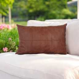 Brown Vegan Leather Lumbar Pillow Cover Rustic Decorative Stitch - thumbnail 1