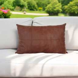 Brown Vegan Leather Lumbar Pillow Cover Rustic Decorative Stitch - thumbnail 2