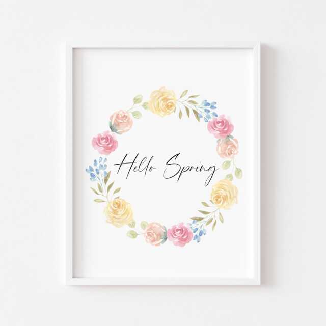 Hello Spring Floral Wreath Print Pink, Blue & Yellow Home Decor Unframed Wall Art Poster - image 1