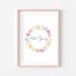 Hello Spring Floral Wreath Print Pink, Blue & Yellow Home Decor Unframed Wall Art Poster - thumbnail 2