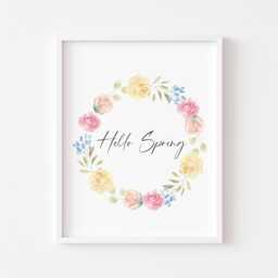 Hello Spring Floral Wreath Print Pink, Blue & Yellow Home Decor Unframed Wall Art Poster - thumbnail 1