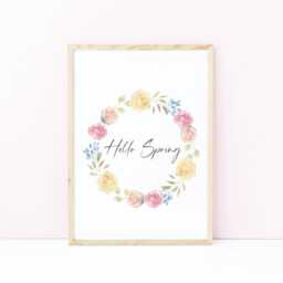 Hello Spring Floral Wreath Print Pink, Blue & Yellow Home Decor Unframed Wall Art Poster - thumbnail 3