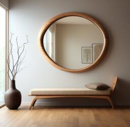 Asymmetrical Wooden Wall Mirror With Organic Frame, Handmade For Living Room Decoration