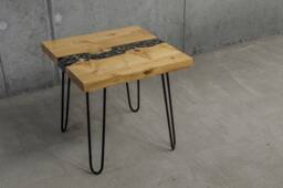 Resin Coffee Table Made Of Acacia Wood, Live Edge With Charcoal & Gold Glitter Refill, Small River Side On Hairpin Legs