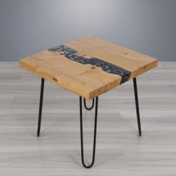 Resin Coffee Table Made Of Acacia Wood, Live Edge With Charcoal & Gold Glitter Refill, Small River Side On Hairpin Legs - thumbnail 3
