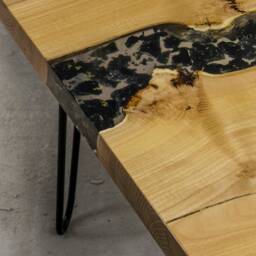 Resin Coffee Table Made Of Acacia Wood, Live Edge With Charcoal & Gold Glitter Refill, Small River Side On Hairpin Legs - thumbnail 2