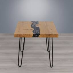 Resin Coffee Table Made Of Acacia Wood, Live Edge With Charcoal & Gold Glitter Refill, Small River Side On Hairpin Legs - thumbnail 4