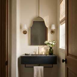 Modern Hanging Brass Mirror - Arch Bathroom Ceiling Mounted Mirrors - thumbnail 2