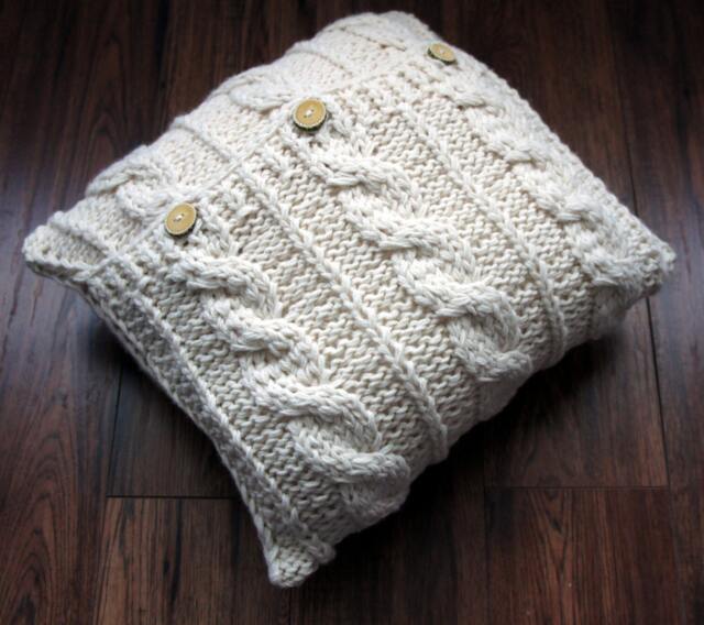 Handknitted Cable Knit Pillow Cover Cream White Wool Blend - 16x16 - image 1