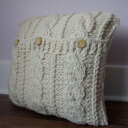 Handknitted Cable Knit Pillow Cover Cream White Wool Blend - 16x16 - thumbnail 4