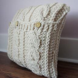 Handknitted Cable Knit Pillow Cover Cream White Wool Blend - 16x16 - thumbnail 3