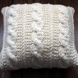 Handknitted Cable Knit Pillow Cover Cream White Wool Blend - 16x16 - thumbnail 2