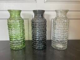 Textured Glass Bottle Vase in Green Charcoal Or Clear, 25cm Tall Woven Vase For Fresh Artificial Flowers