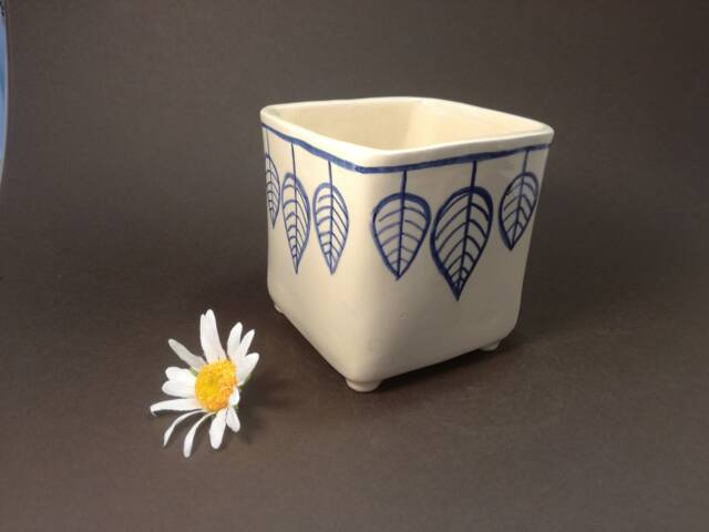 Handmade Ceramic Planter Square Cactus Pot With Blue Leaf Design - image 1
